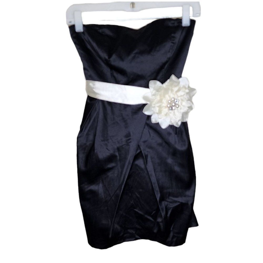 Vintage Y2K Strapless Mini Cocktail Dress Flower Bow Womens Size 5 Black Satin